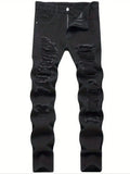 Single piece of trendy streetwear: straight-cut ripped denim jeans in black.