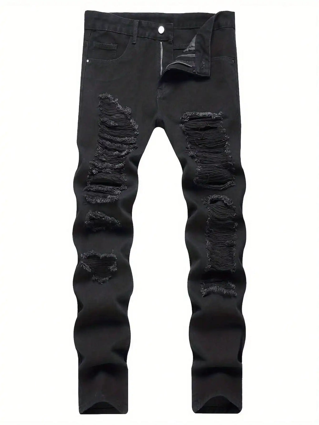 Single piece of trendy streetwear: straight-cut ripped denim jeans in black.